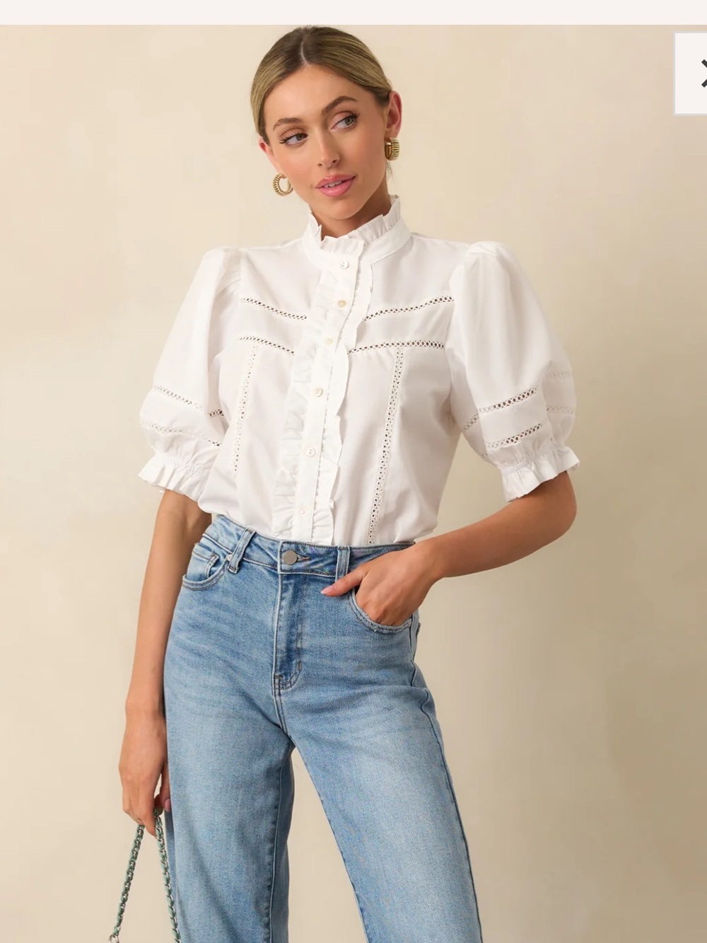 Entro White Eyelet Ruffle Button-Front Short Sleeve Blouse Size Small